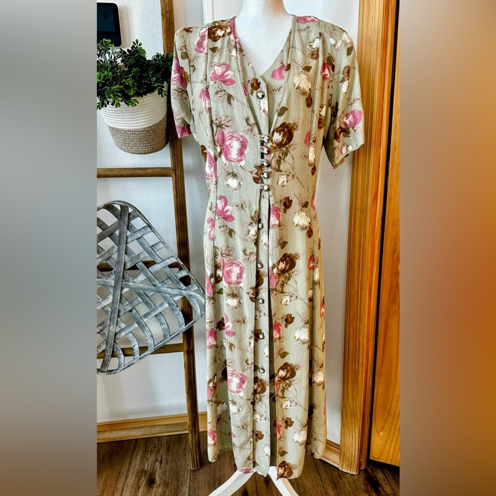 Vintage 90s Basia California Floral Cottagecore Teacher Midi Layered Dress 14W